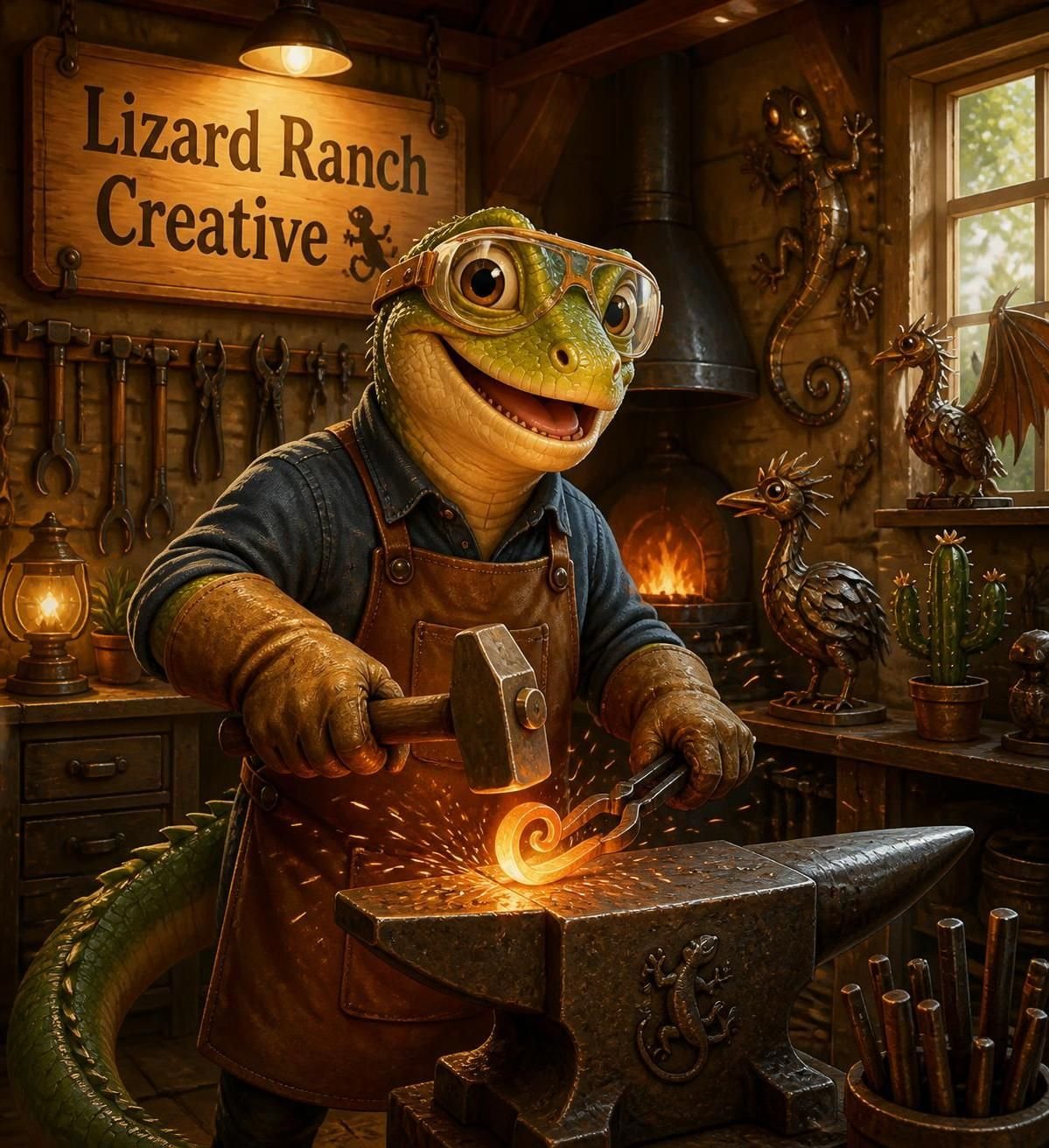 Lizard Ranch Creative - metalworking lizard in workshop